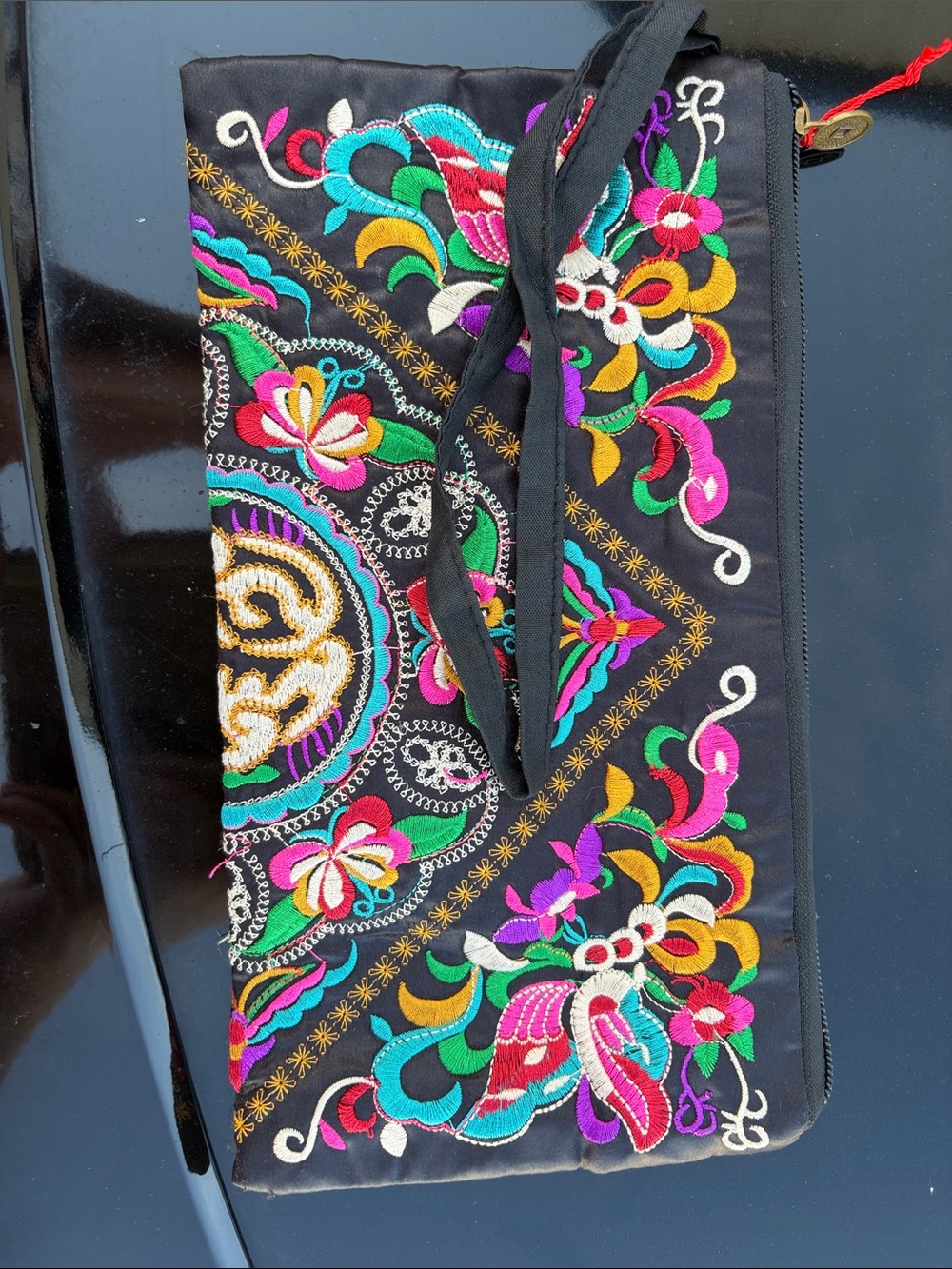 Embroidered Black Multi-Color Crossbody Clutch